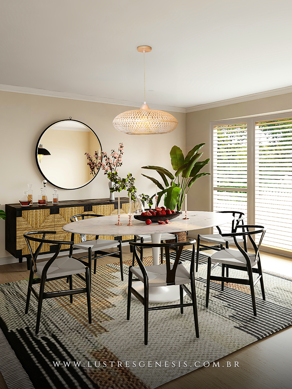 Luminária pendente de fibra de bambu Ø40cm modelo Batu, ideal para mesas, balcão de cozinha, área gourmet e sítios, da marca GMH.